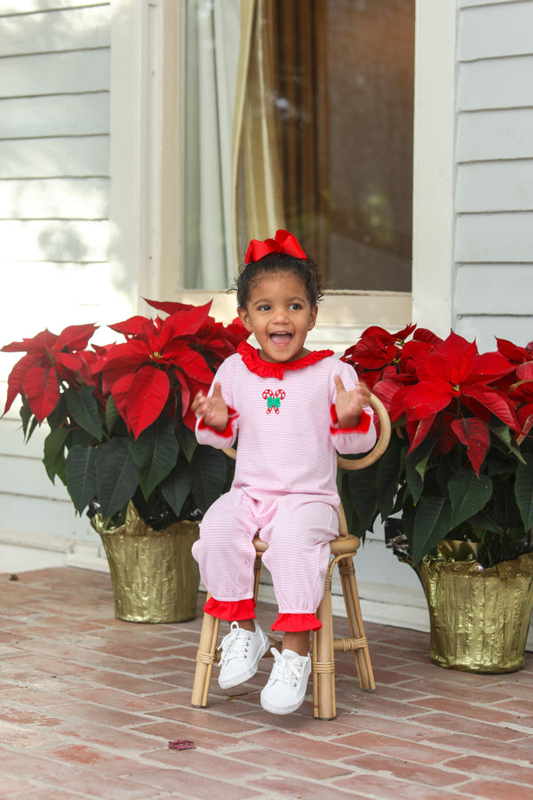 Candy Cane Embroidery Ruffle Romper