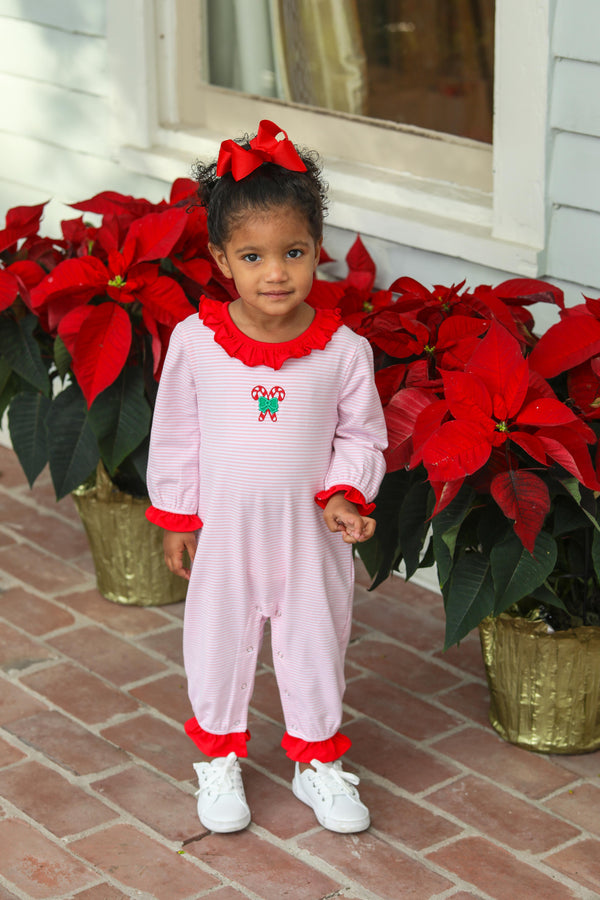 Candy Cane Embroidery Ruffle Romper