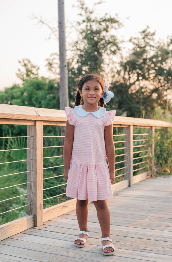 Genevieve Dress- Coral Stripe/Light Blue