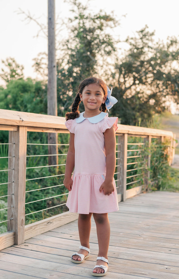 Genevieve Dress- Coral Stripe/Light Blue