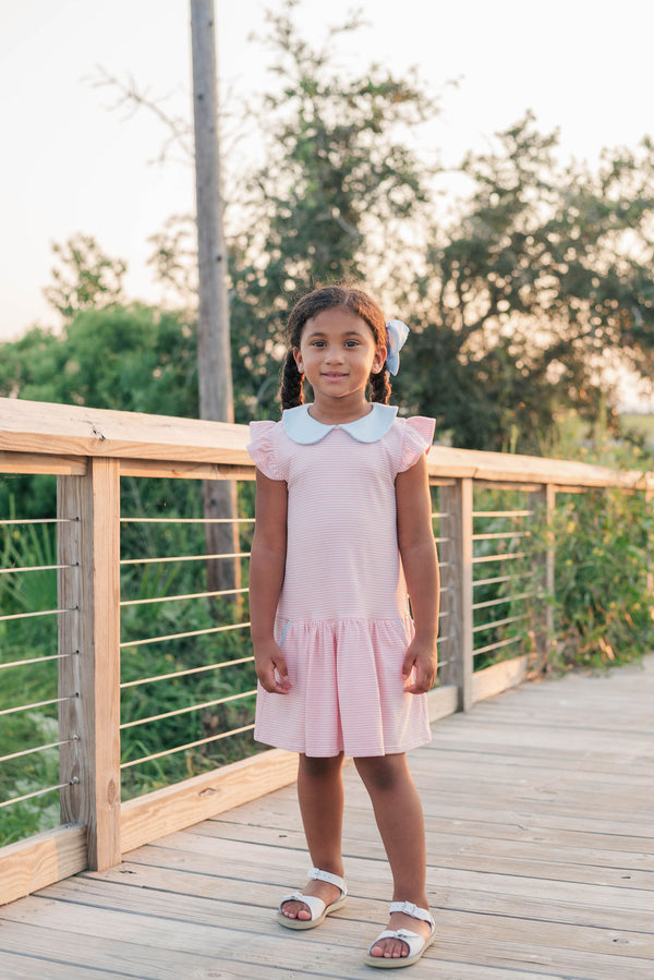 Genevieve Dress- Coral Stripe/Light Blue