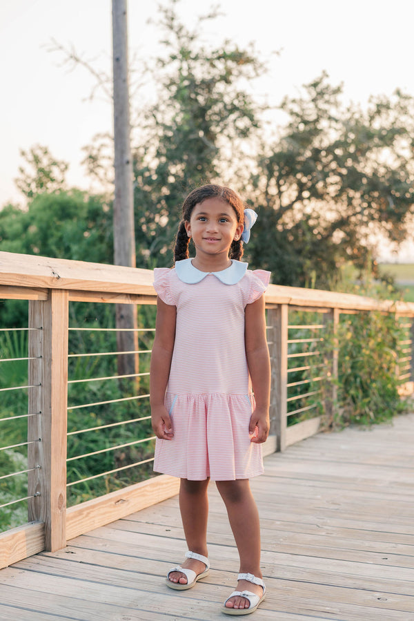 Genevieve Dress- Coral Stripe/Light Blue