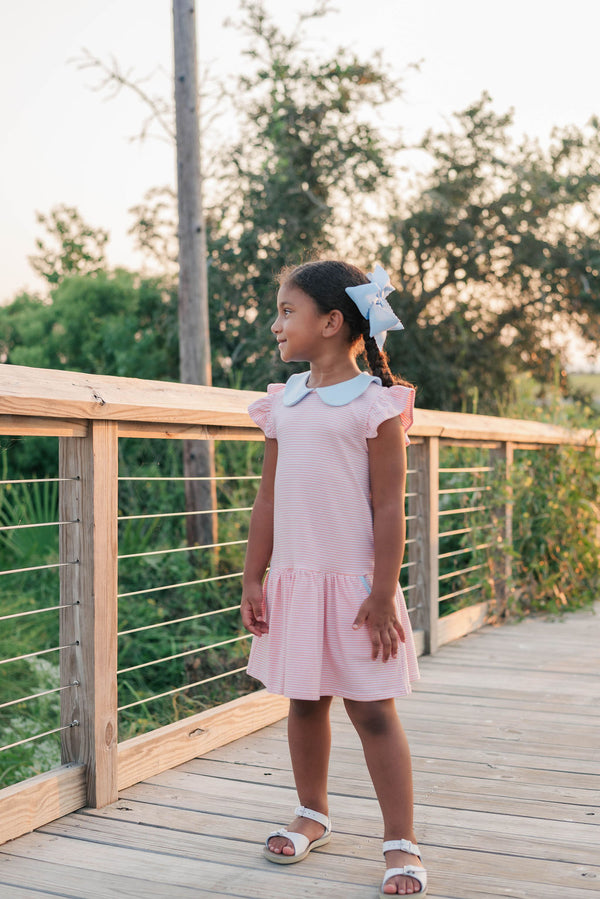 Genevieve Dress- Coral Stripe/Light Blue