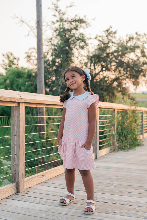 Genevieve Dress- Coral Stripe/Light Blue