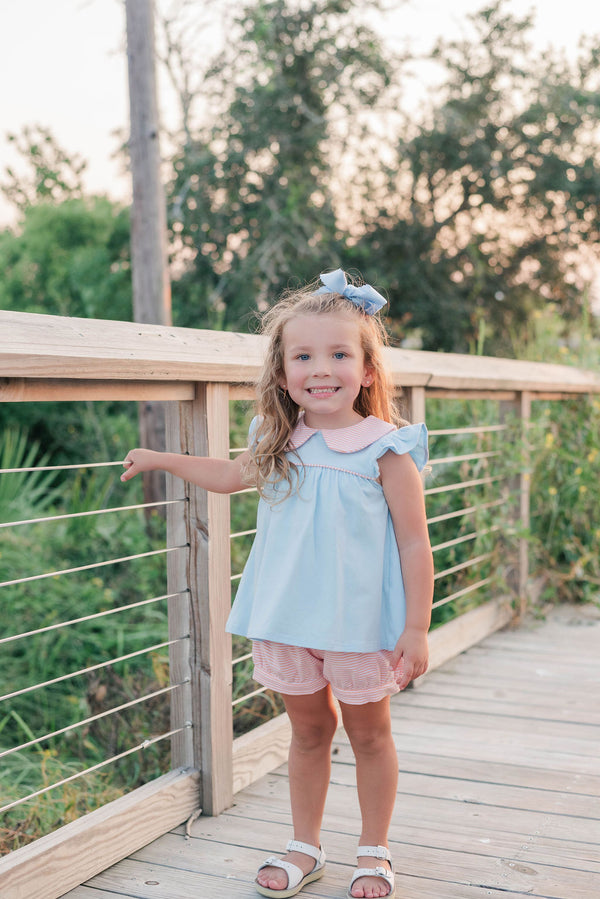 Genevieve Banded Short Set- Coral Stripe/Light Blue