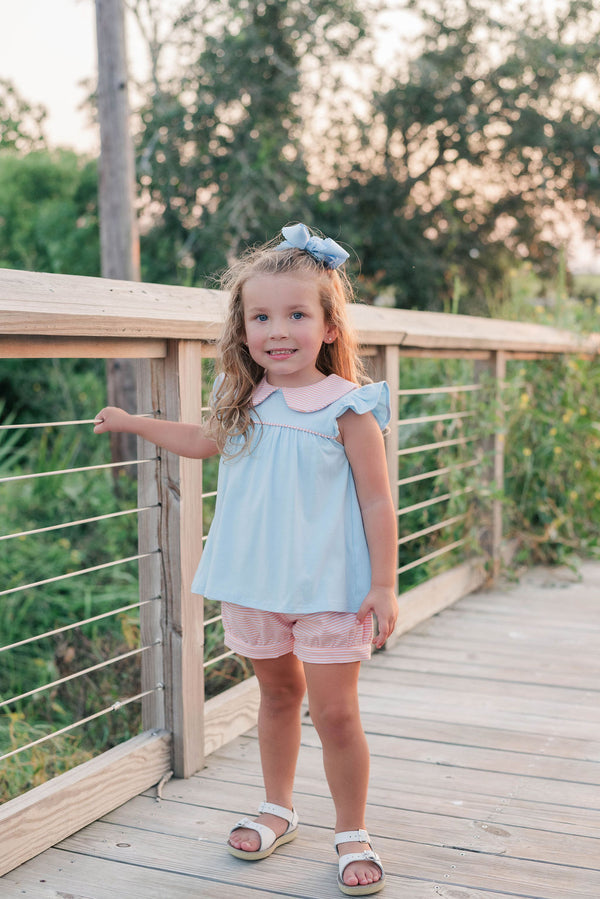 Genevieve Banded Short Set- Coral Stripe/Light Blue