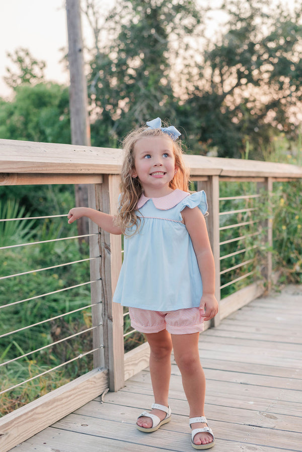 Genevieve Banded Short Set- Coral Stripe/Light Blue