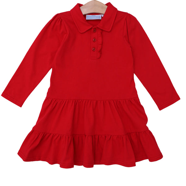 Ruffle LS Polo Dress- Red