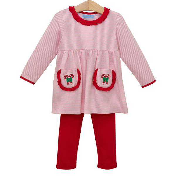 Candy Cane Embroidery Ruffle Pants Set
