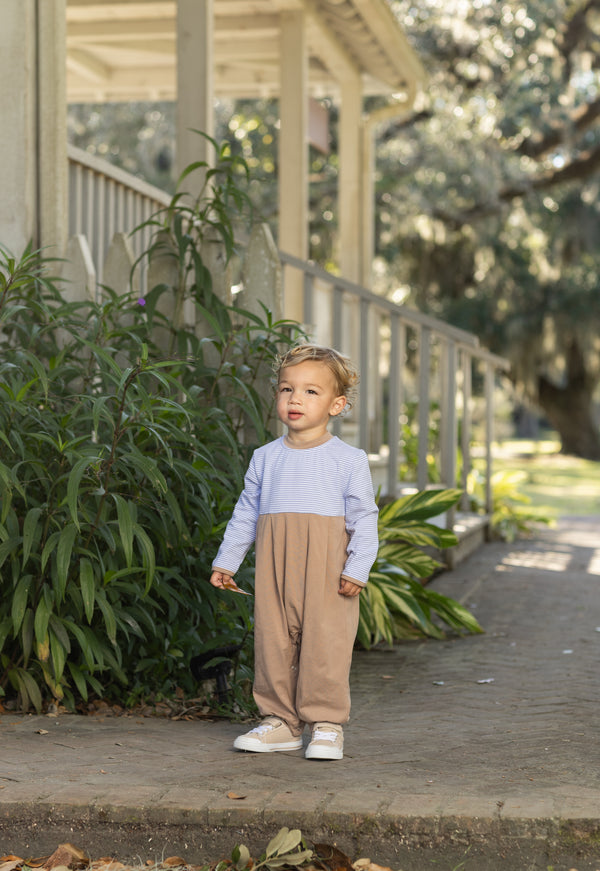 Preston Romper- Dusty Blue Stripe/Brown