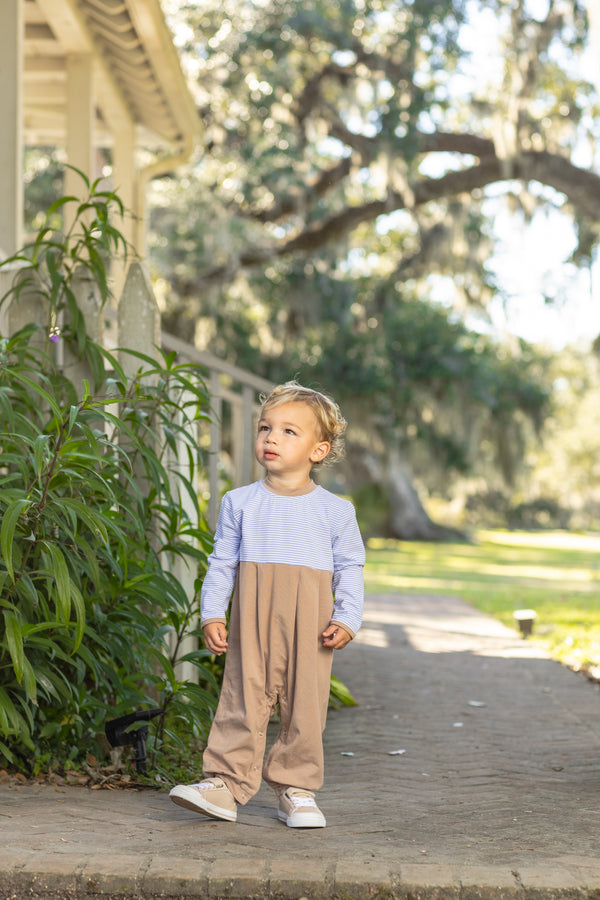 Preston Romper- Dusty Blue Stripe/Brown