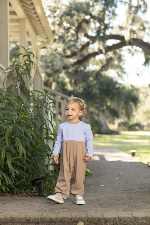 Preston Romper- Dusty Blue Stripe/Brown