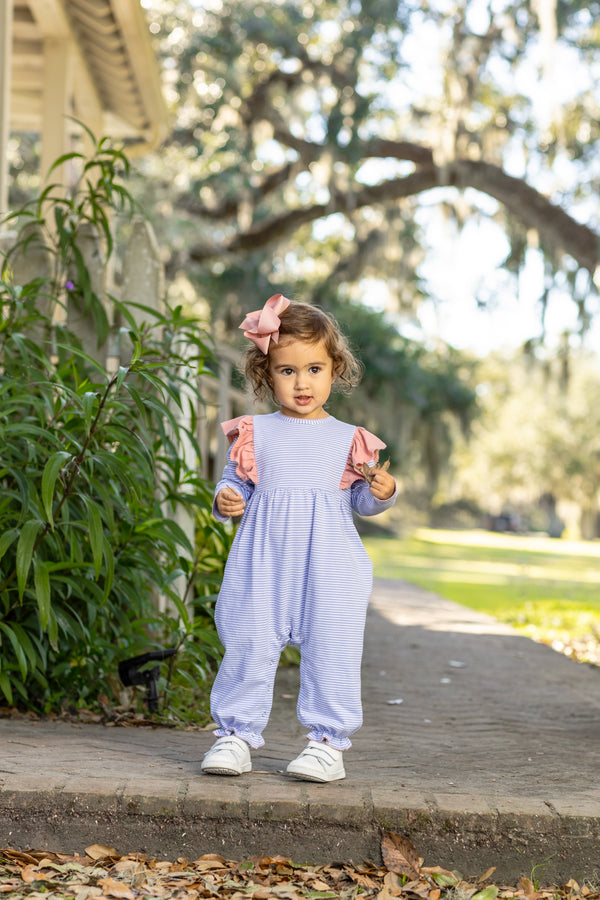 Madison Romper- Dusty Blue Stripe/Mauve