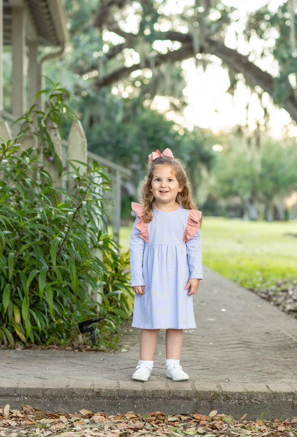 Madison Dress- Dusty Blue Stripe/Mauve