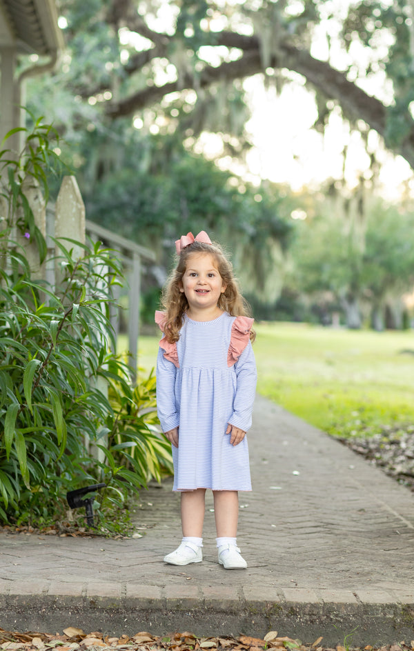 Madison Dress- Dusty Blue Stripe/Mauve