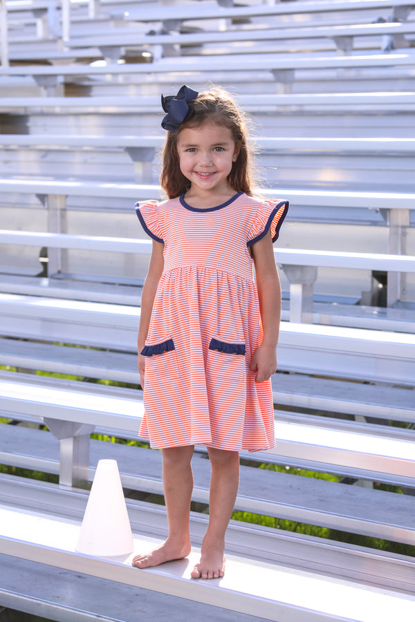 Lucy Game Day Dress- Orange Stripe/Navy