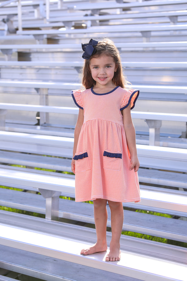 Lucy Game Day Dress- Orange Stripe/Navy