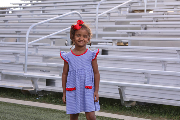 Lucy Game Day Dress- Royal Blue Stripe/Red
