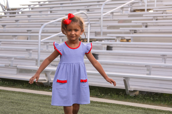 Lucy Game Day Dress- Royal Blue Stripe/Red