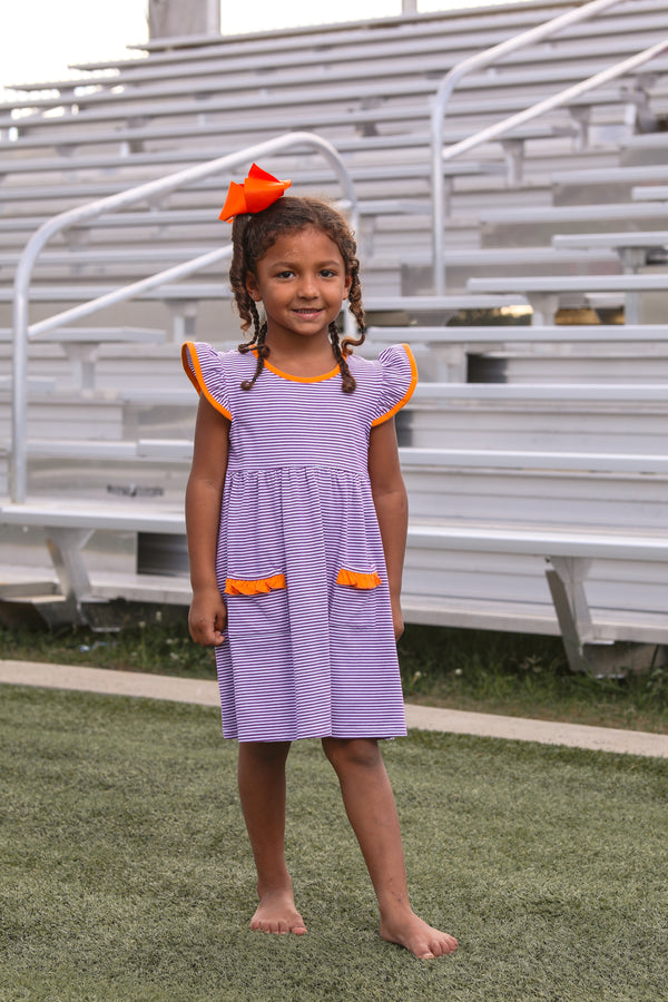 Lucy Game Day Dress- Purple Stripe/Orange