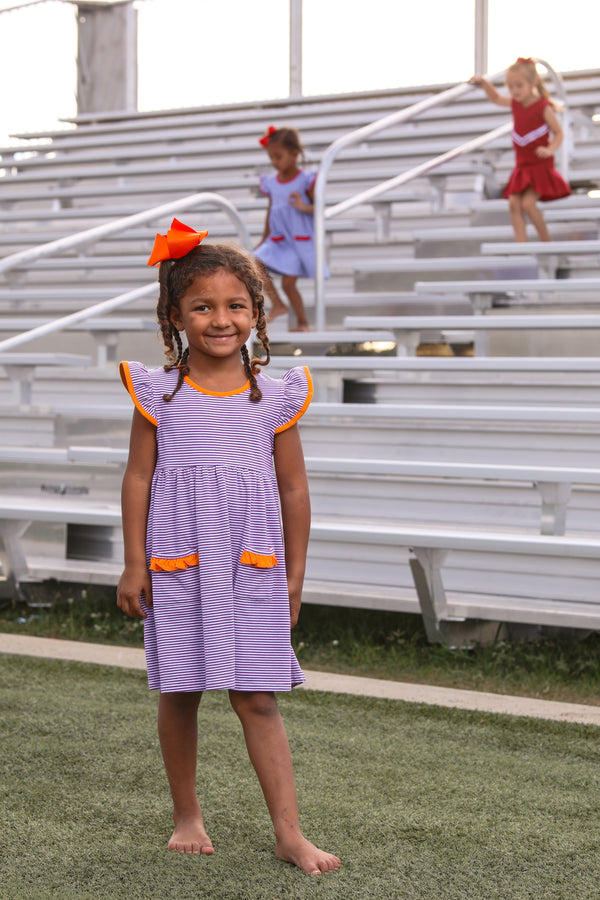 Lucy Game Day Dress- Purple Stripe/Orange