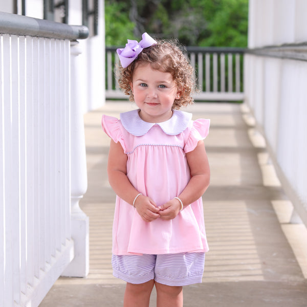 Genevieve Banded Short Set- Lavender Stripe/Light Pink