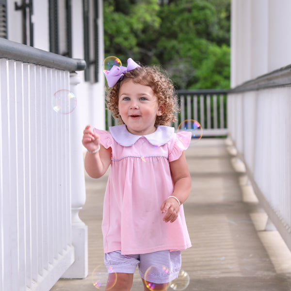 Genevieve Banded Short Set- Lavender Stripe/Light Pink