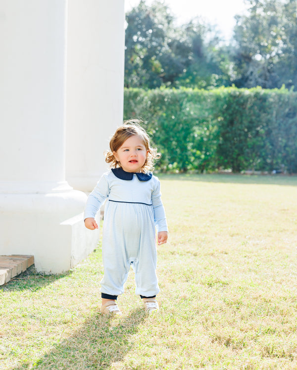 Gabriel Romper- Light Blue Stripe/Navy Romper