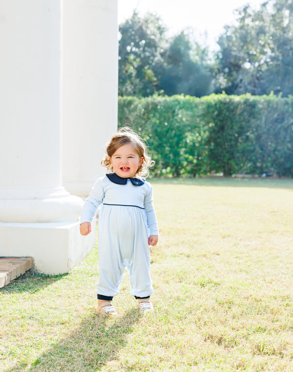 Gabriel Romper- Light Blue Stripe/Navy Romper