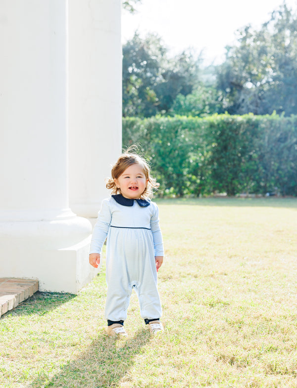 Gabriel Romper- Light Blue Stripe/Navy Romper