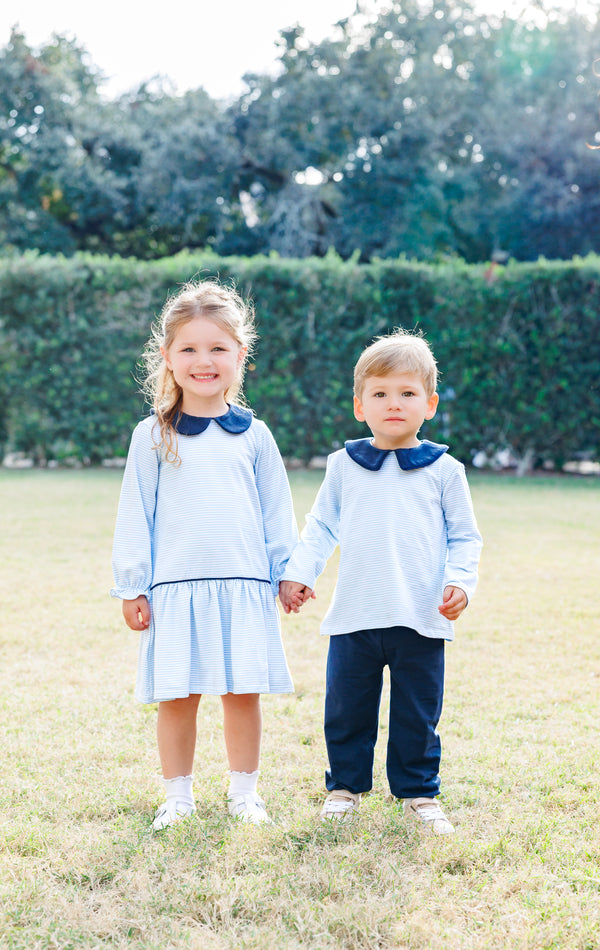 Archie Bloomer Pant Set- Light Blue Stripe/Navy