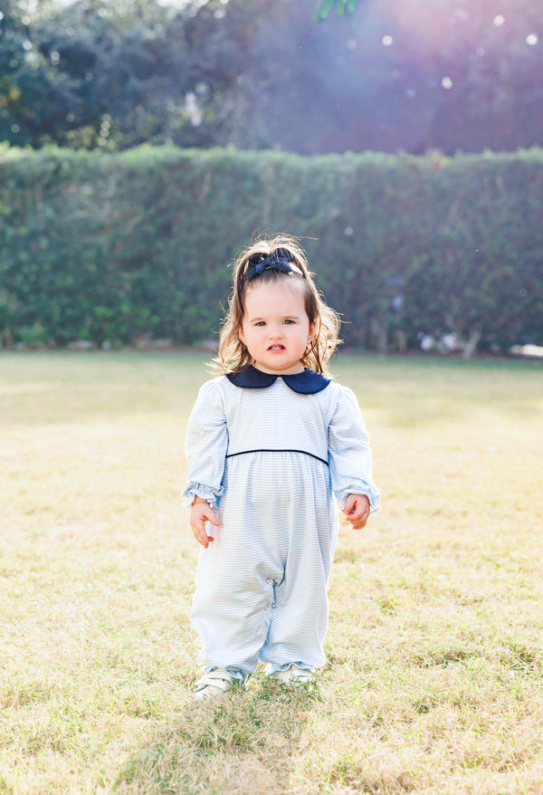 Katherine Romper- Light Blue Stripe/Navy