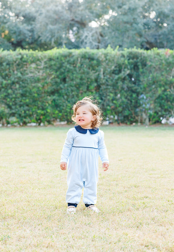Gabriel Romper- Light Blue Stripe/Navy Romper