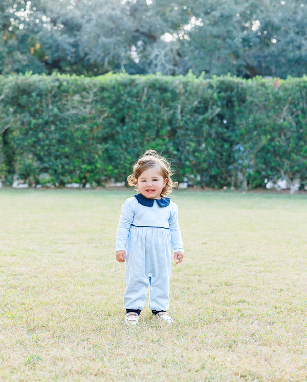 Gabriel Romper- Light Blue Stripe/Navy Romper