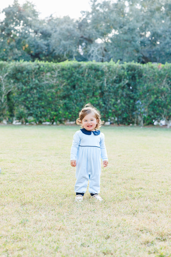 Gabriel Romper- Light Blue Stripe/Navy Romper