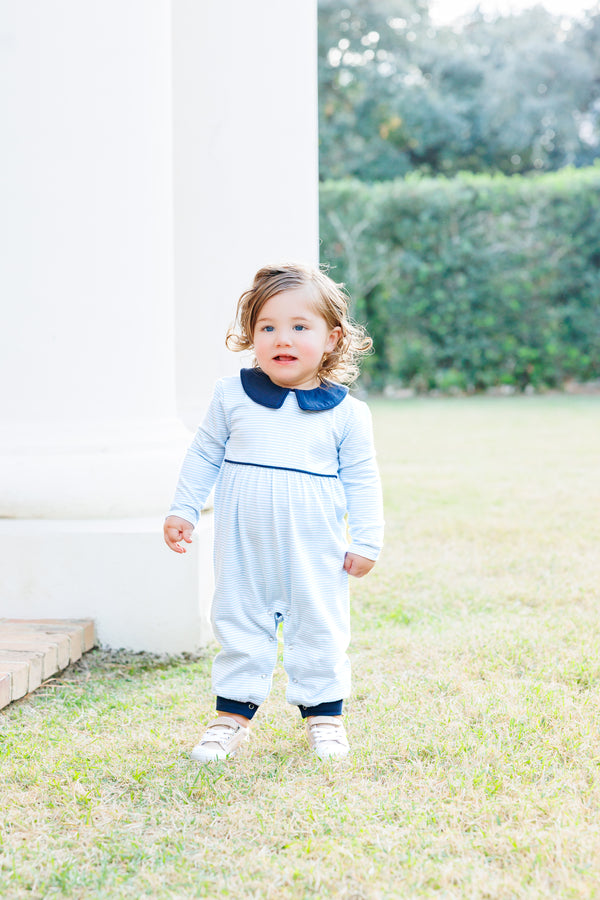 Gabriel Romper- Light Blue Stripe/Navy Romper