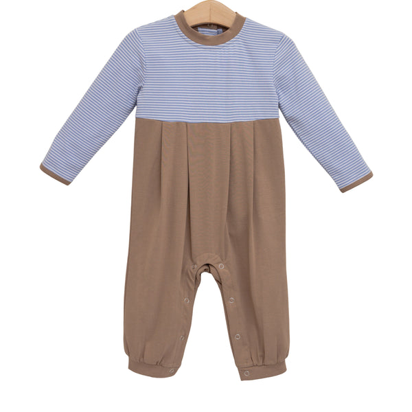 Preston Romper- Dusty Blue Stripe/Brown