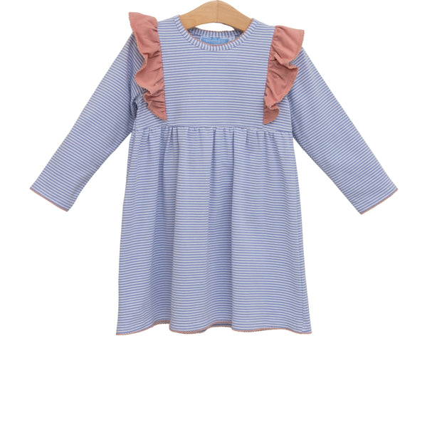 Madison Dress- Dusty Blue Stripe/Mauve