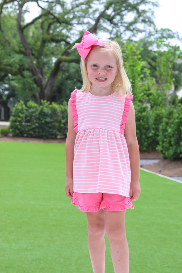 Josie Ruffle Short Set- Light Pink Stripe/Pink
