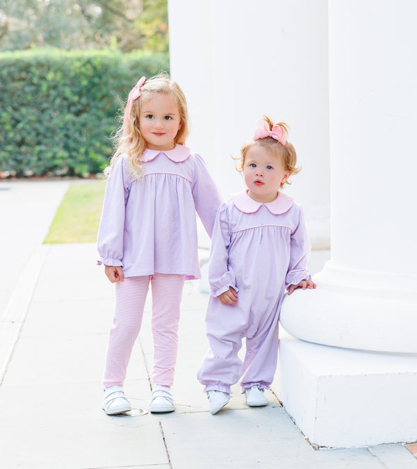 Abigail Romper- Lavender/Light Pink Stripe