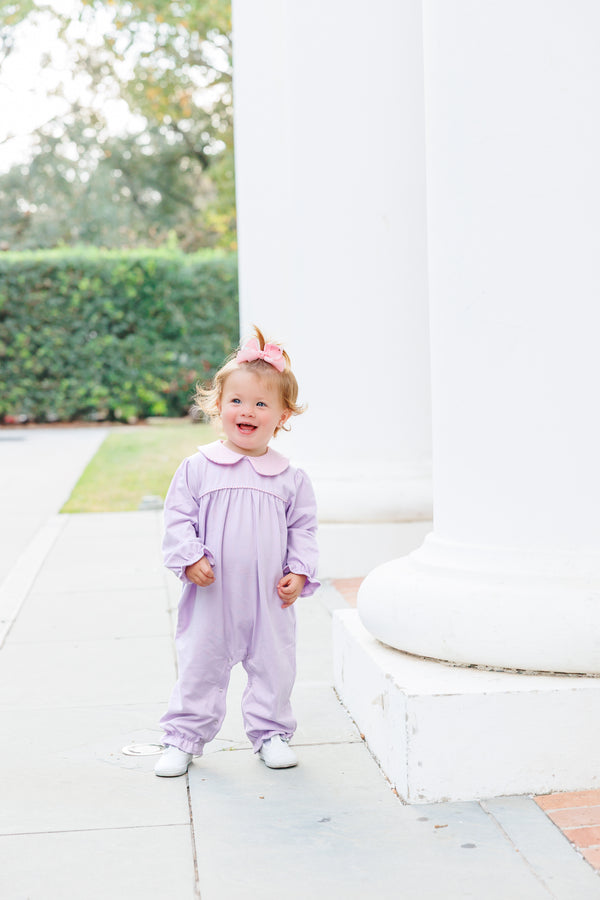 Abigail Romper- Lavender/Light Pink Stripe