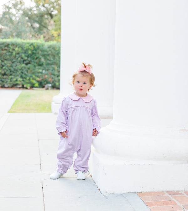 Abigail Romper- Lavender/Light Pink Stripe